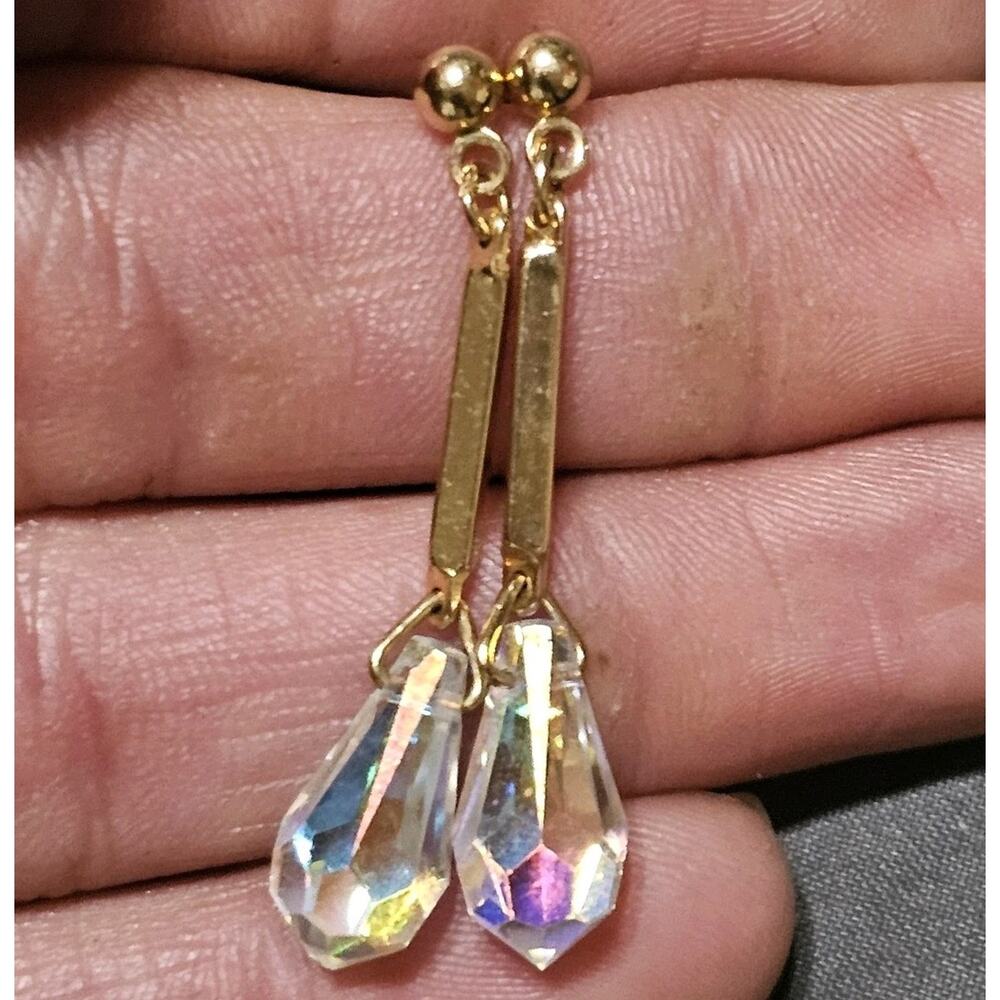 Vintage Gold Dangle Drop Iridescent Crystal Earrings